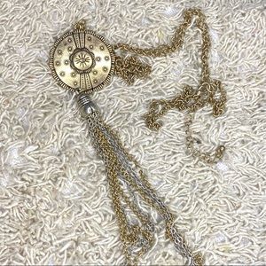 STAMPED METAL ANTIQUE GOLD STYLED CHAIN CELESTIAL LARIAT NECKLACE SILVER ACCENTS